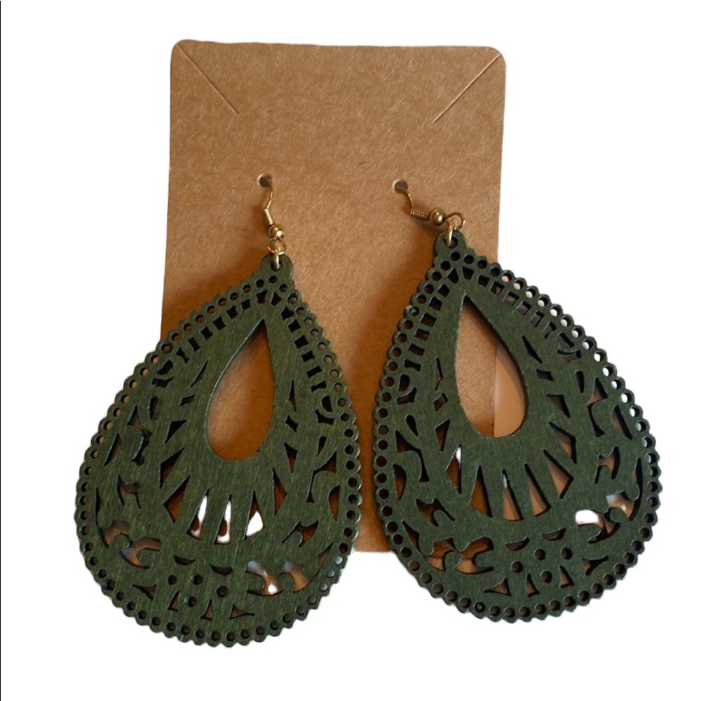 Boho Forest Green Teardrop Wooden Earrings